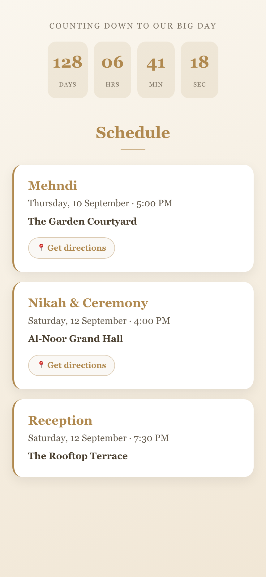 The wedding schedule with a countdown and multi-day events