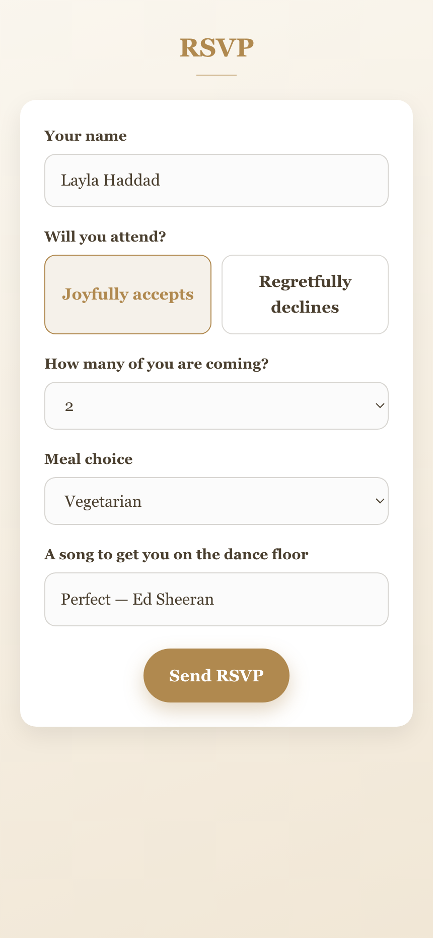 The online RSVP form with meal choice and plus-ones